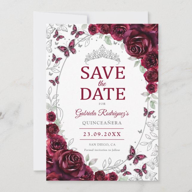 Reserve A Data Quinceanera Floral Prata Borgonha (Frente)