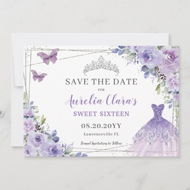 Reserve A Data Quinceanera Floral Purple Lilac Doce Dezesseis (Frente)