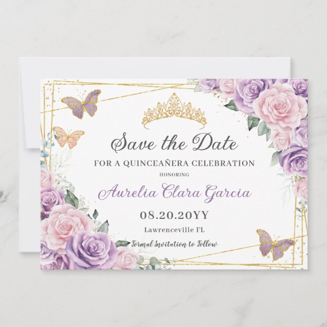 Reserve A Data Quinceañera Floral Rosa-Lilaca-Roxo Doce Dezesseis (Frente)