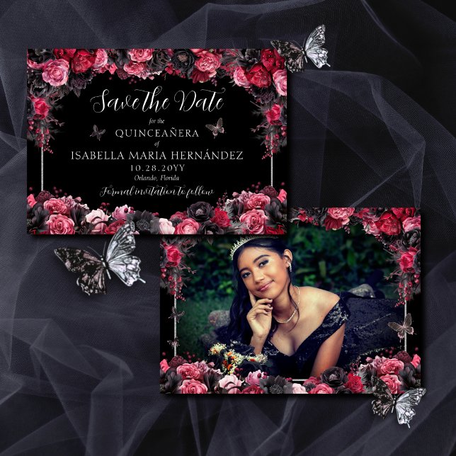 Reserve A Data Quinceañera Gótica Vermelha e Negra Moody (Elegant, gothic save the date card for quinceañera with pink, red and black moody florals.)