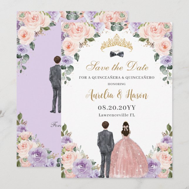 Reserve A Data Quinceañera Lilac Blush Floral Twinzinha Garota (Frente/Verso)