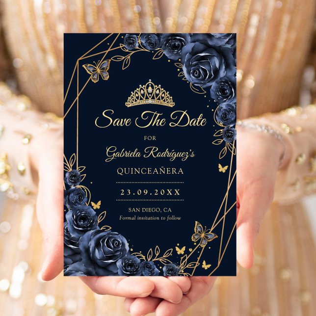 Reserve A Data Quinceanera Navy Blue Gold Floral Butterfly (Criador carregado)