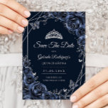 Reserve A Data Quinceanera Navy Silver Floral<br><div class="desc">Navy blue and silver Quinceanera celebration save the date card. Features,  script font,  glitter silver butterflies,  watercolor roses and tiara. Perfect for an elegant princess style glam celebration. Personalize with your own details. Printed Zazzle cards or instant download digital printable template.</div>