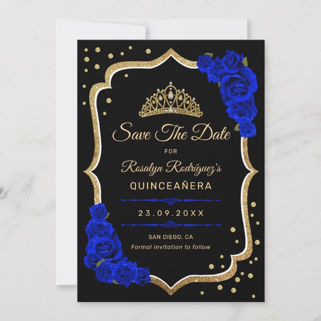 Reserve A Data Quinceanera - Preto Azul Real Dourado (Frente)