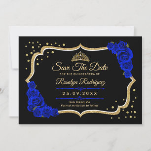 Reserve A Data Quinceanera Preto Azul Real Dourado Floral