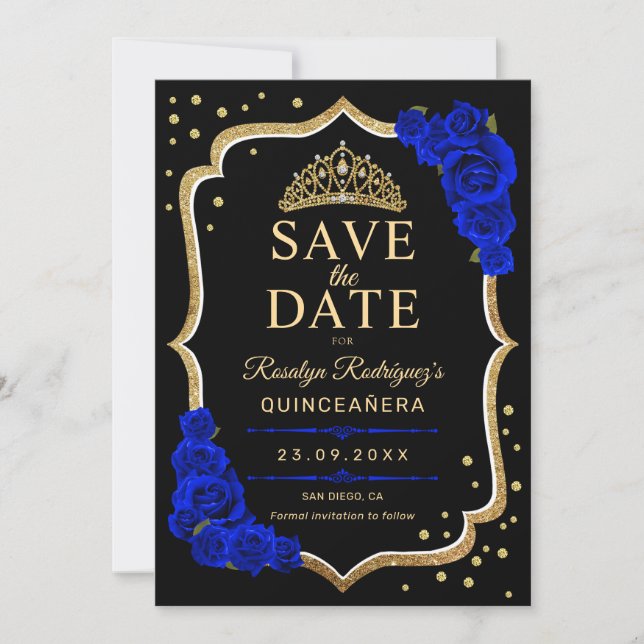 Reserve A Data Quinceanera Preto Dourado Azul Real (Frente)