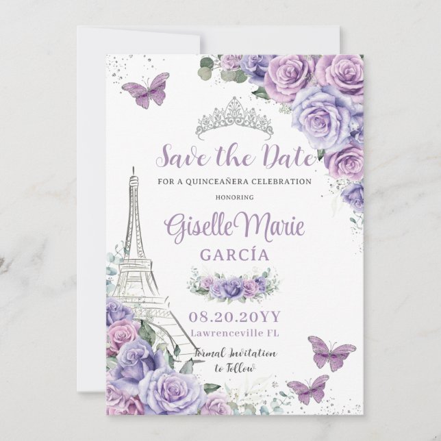 Reserve A Data Quinceañera Purple Floral Paris Eiffel Borboletas (Frente)
