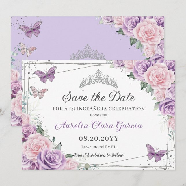 Reserve A Data Quinceañera Purple Lilac Pink Floral Sweet Sessent (Frente/Verso)