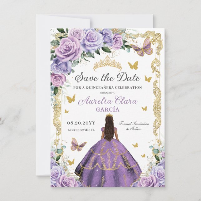 Reserve A Data Quinceañera Purple Rosa Floral Dourada Princesa (Frente)
