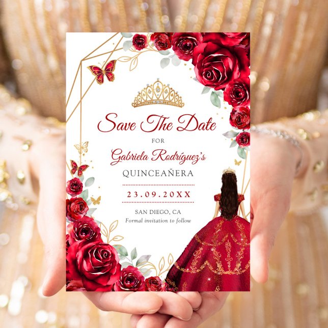 Reserve A Data Quinceanera Red Roses Dress Gold (Criador carregado)