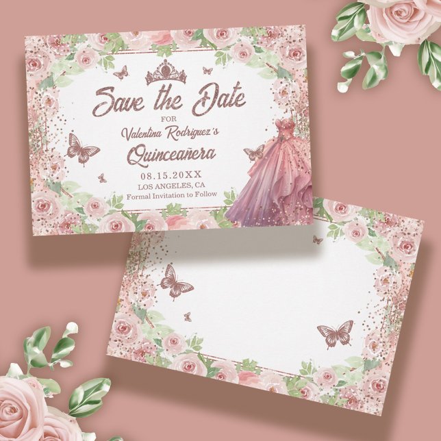 Reserve A Data Quinceânera Rosa Escamosa Floral Elegante (Rose Gold Floral Quinceanera Save the Date)