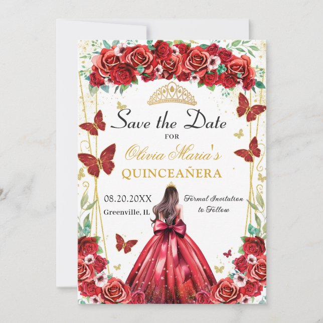 Reserve A Data Quinceañera Rosas vermelhas Floral Princesa Borbol (Frente)