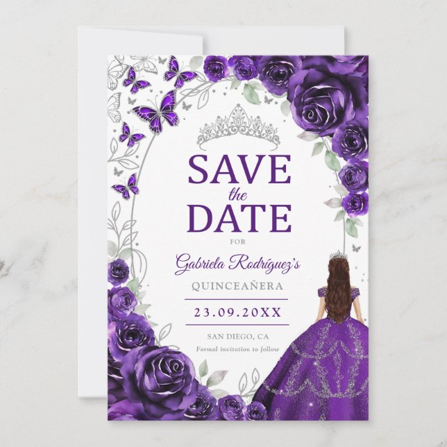 Reserve A Data Quinceanera Roxo Floral Prata (Frente)
