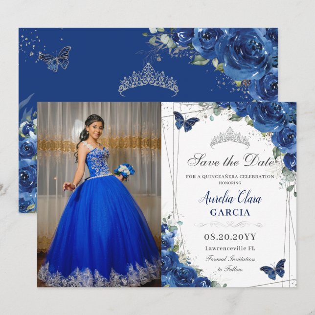 Reserve A Data Quinceañera Royal Blue Floral Butterflies Aniversá (Frente/Verso)