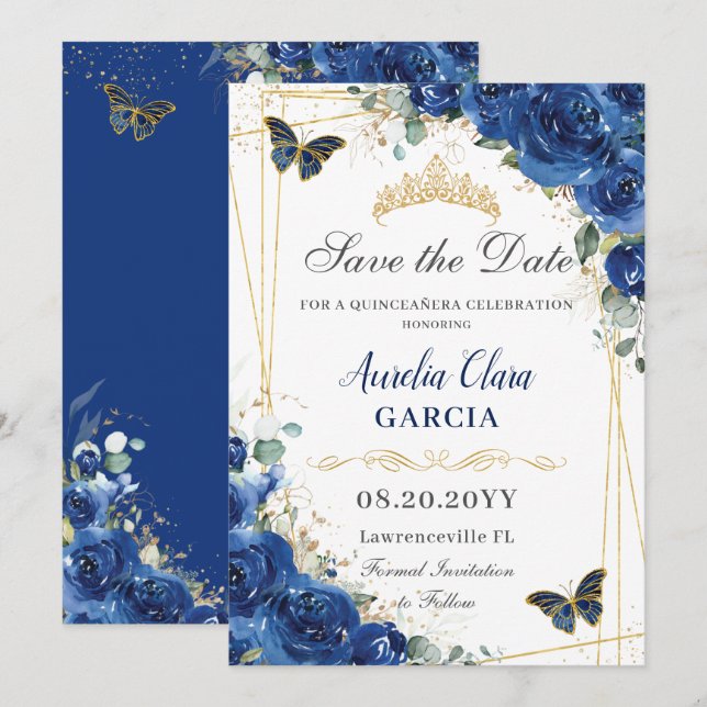 Reserve A Data Quinceañera Royal Blue Floral Butterflies Aniversá (Frente/Verso)