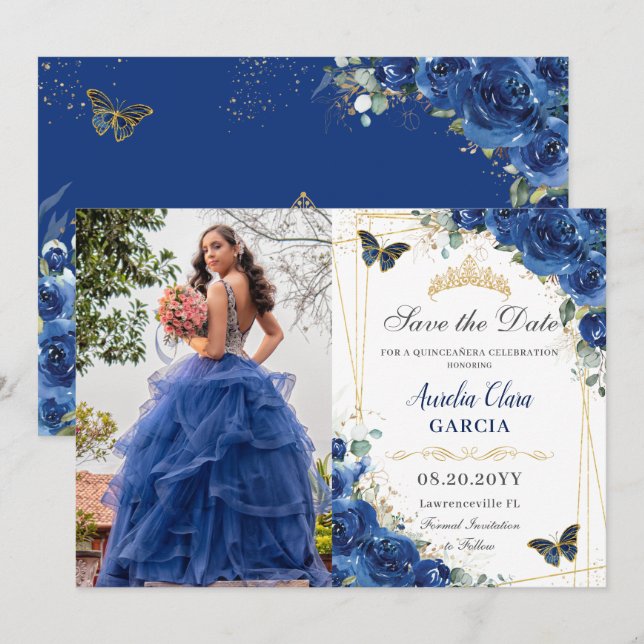 Reserve A Data Quinceañera Royal Blue Floral Butterflies Aniversá (Frente/Verso)