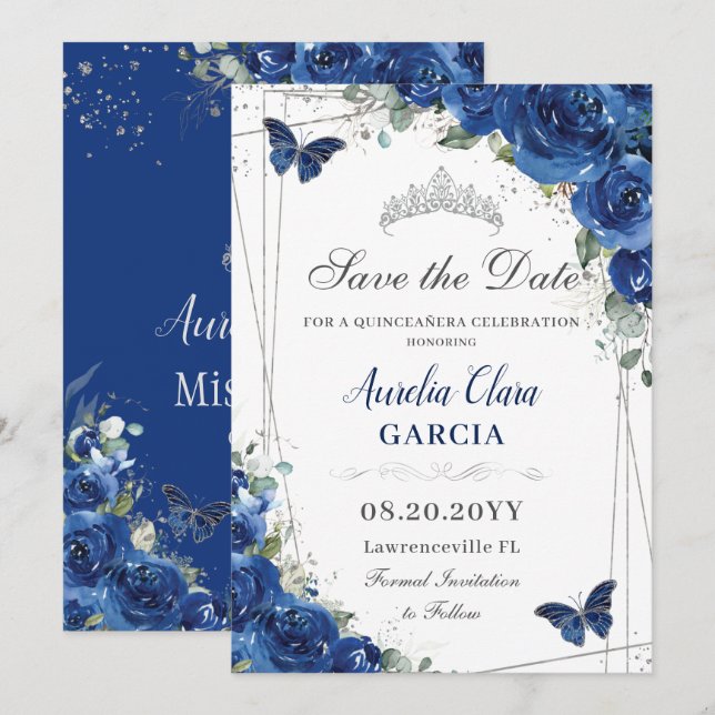 Reserve A Data Quinceañera Royal Blue Floral Butterflies Aniversá (Frente/Verso)