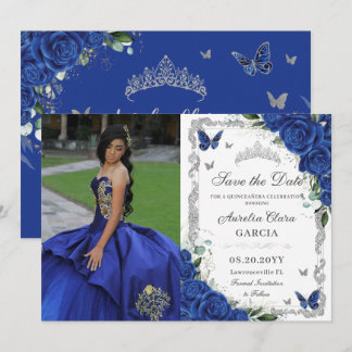 Reserve A Data Quinceañera Royal Blue Floral Vintage Foto pratead