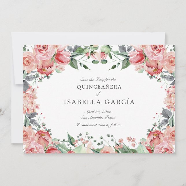Reserve A Data Quinceañera, Script Floral Rosa Elegante (Frente)