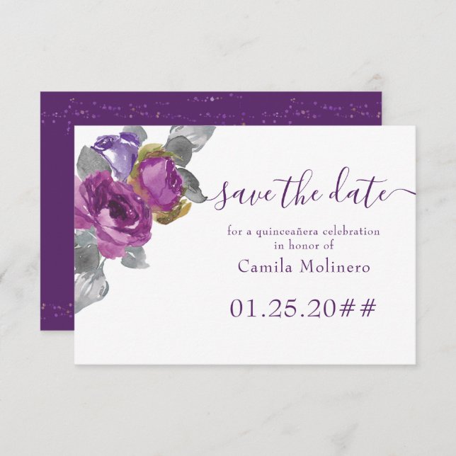 Reserve A Data Quinceanera, Script Floral Roxo, Salvar A Data (Frente/Verso)