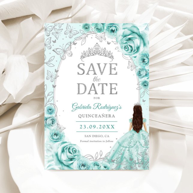 Reserve A Data Quinceanera Turquesa Prata Floral (Criador carregado)