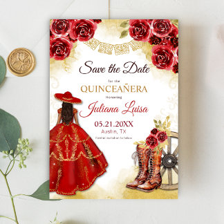 Reserve A Data Quinceañera Western Red Dourada Charra Boots Flora