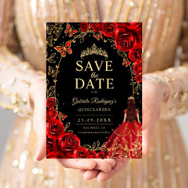 Reserve A Data Quinze Anos Floral Preto Vermelho Dourado
