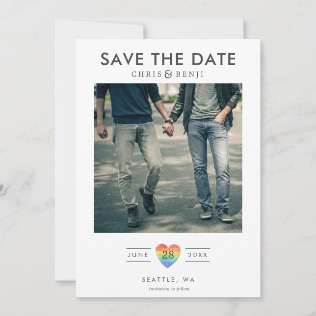 Reserve A Data Rainbow Heart LGBTQ Save the Date with Photo (Frente)