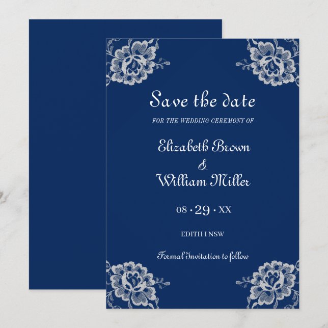 Reserve A Data Raios Florais Elegantes no Casamento Azul Marinho (Frente/Verso)