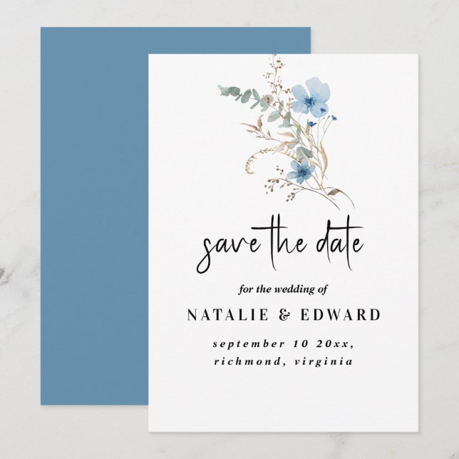Reserve A Data ramalhete de flores aquarela azul empoeirado rústi (Frente/Verso)