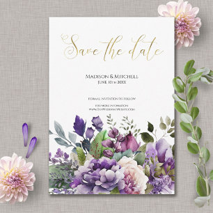 Reserve A Data Ramo de Aquarela Violeta Roxo com Grafia Dourada