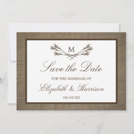 Reserve A Data Ramo Do Monograma Rustic Burlap Salvar A Data