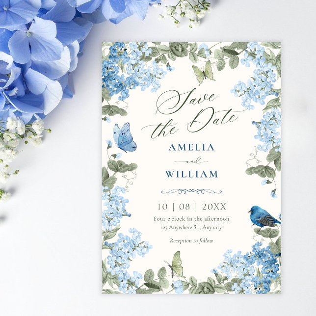 Reserve A Data Ramo floral azul borboletas pássaro  (Criador carregado)