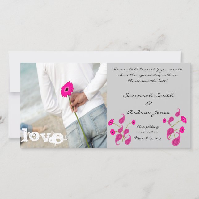 Reserve A Data Raspberry Paisley & Gerbers na Cinza Salvar a data (Frente)