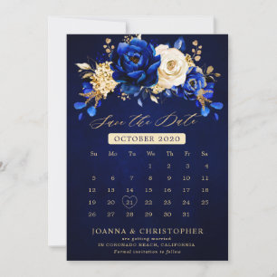 Reserve A Data Real Azul Amarelo Dourado Calendário Metálico Flor