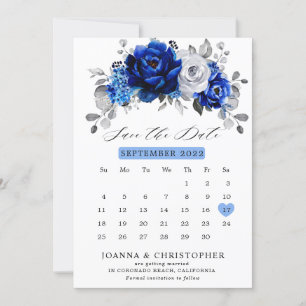 Reserve A Data Real Blue White Silver Calendário Metálico Floral 