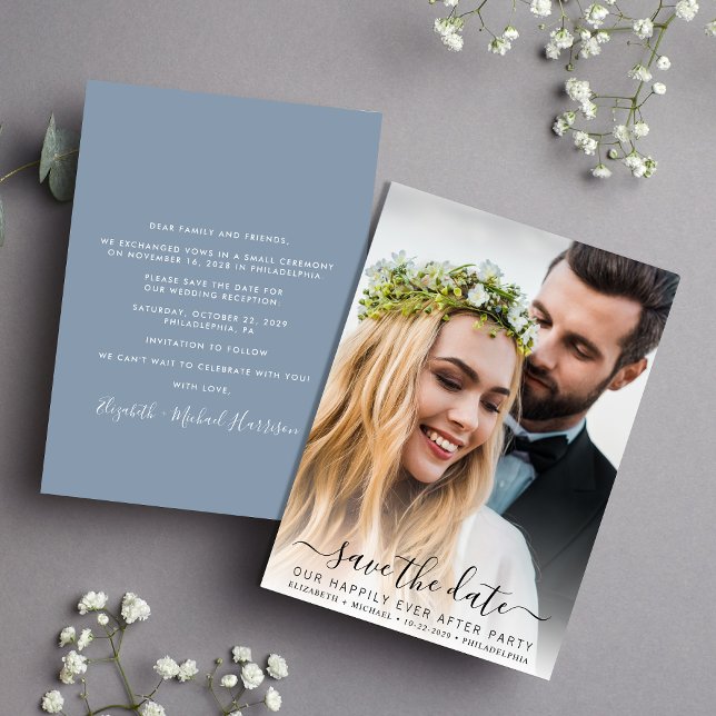 Reserve A Data Recepção de casamento Azul Dusty com Foto Chic (A stylish save the date announcement for a reception to celebrate your elopement or private wedding )