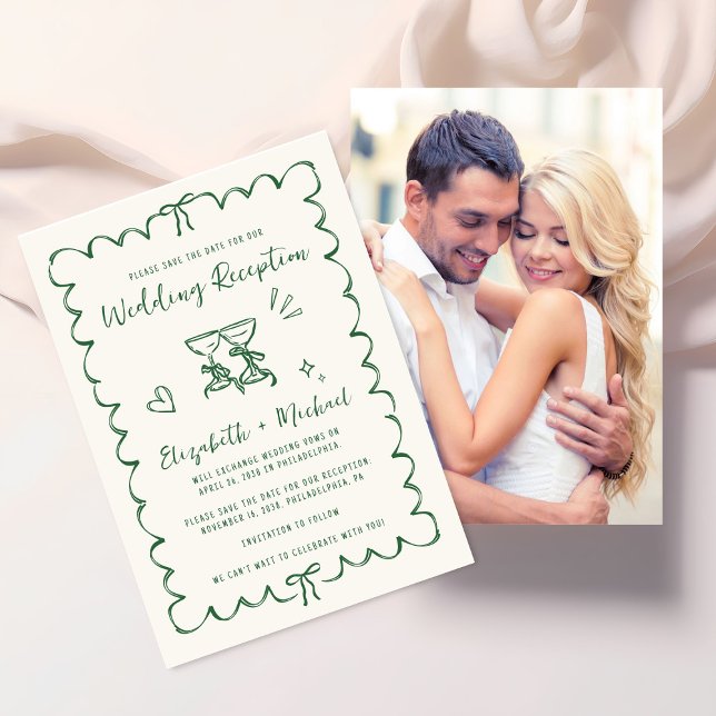 Reserve A Data Recepção de Casamento Foto Quadro Ondulado Caprich (Fun wedding reception save the date featuring whimsical hand drawn wine glasses with hearts + bows)