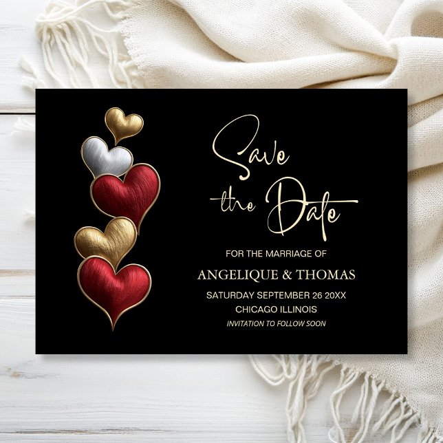 Reserve A Data Red and Gold Hearts Wedding Save the Date (Criador carregado)