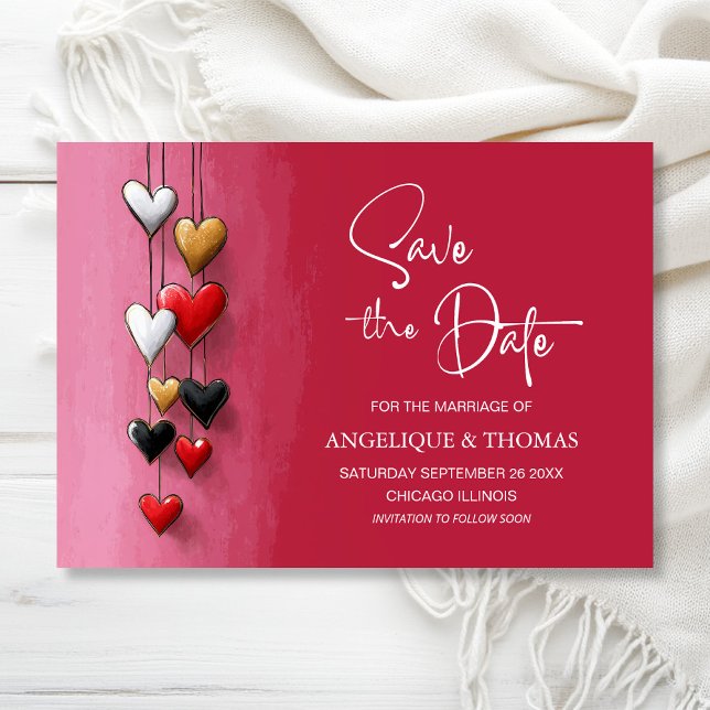 Reserve A Data Red Black Pink Hearts Wedding Save the Date (Criador carregado)