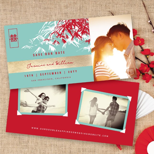 Reserve A Data Red Blue Zen Bamboo deixa casamento chinês fotográ (Red Blue Zen Bamboo Leaves Photo Chinese Wedding Save The Date @ fatfatin_red_knot)
