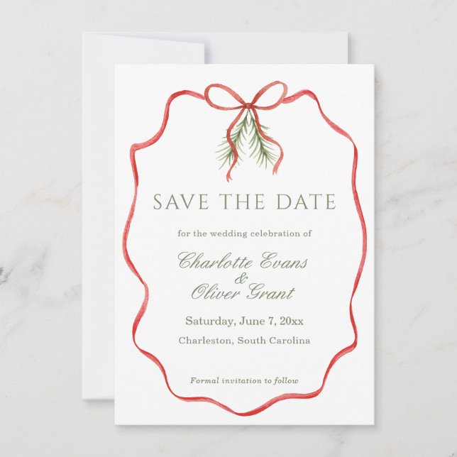 Reserve A Data Red Bow Ribbon Winter Save The Date (Frente)