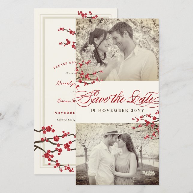 Reserve A Data Red Cherry Blossoms Flores Asiáticas Zen Sakura Fo (Frente/Verso)