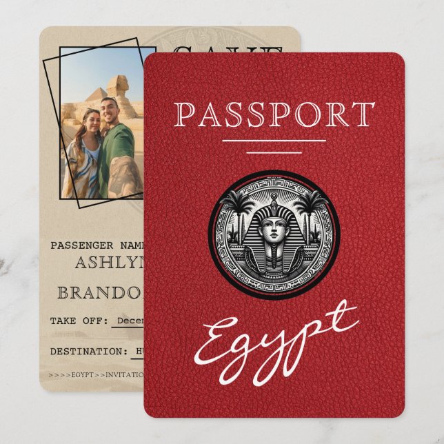 Reserve A Data Red Egypt Passport Wedding Save the Date (Frente/Verso)