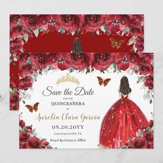 Reserve A Data Red Floral Princess Dourada Quinceañera Salve a Da (Frente/Verso)