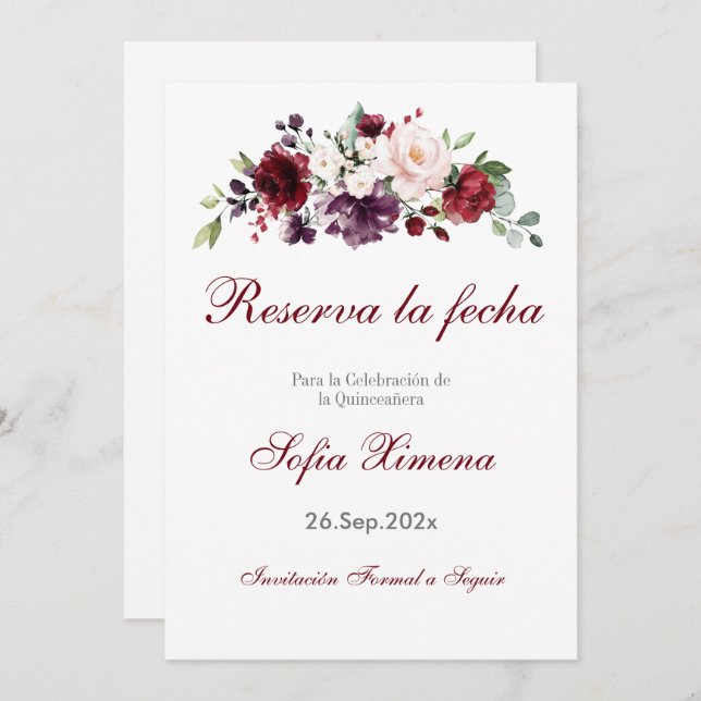 Reserve A Data Red Floral Quinceanera (Frente/Verso)