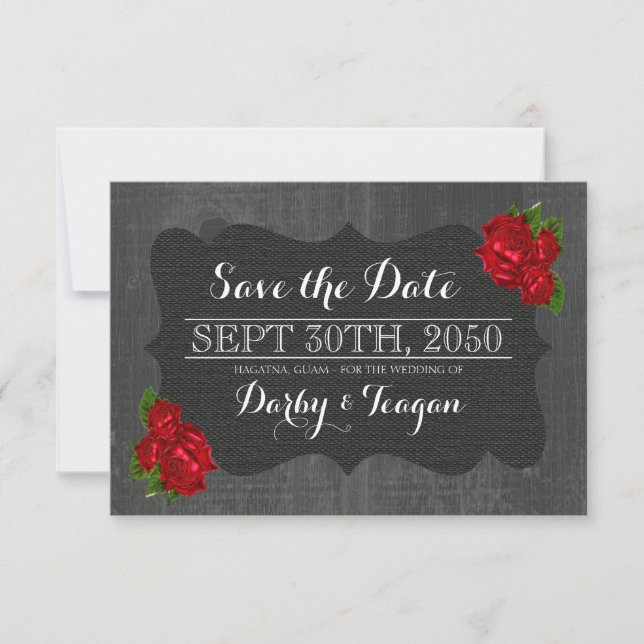Reserve A Data Red Floral Rosas Burlap Wood Gothic Salve as Datas (Frente)