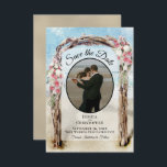 Reserve A Data Red Floral Watercolor Beach Arbor & Photo Wedding<br><div class="desc">Este belo cartão de data é perfeito para um casamento de destino. Ela mostra sua foto em uma moldura oval com um porto de praia de madeiras flutuantes,  enfeitado com flores vermelhas e brancas. Há espaço para seus nomes,  data e local do casamento.</div>