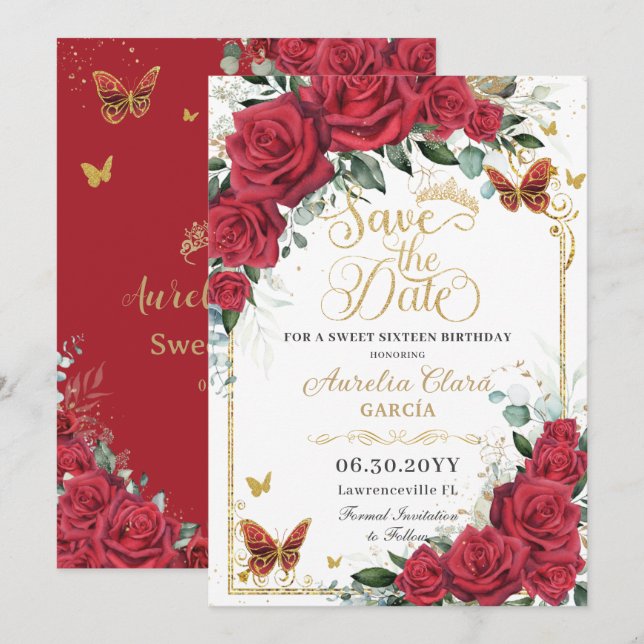 Reserve A Data Red Roses Gold Butterflies Quinceanera Sweet 16  (Frente/Verso)