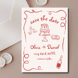 Reserve A Data Red Whimsical Drawn Casamento Francês<br><div class="desc">Ponha o tom para o seu casamento com este debochado à mão, salve o cartão com fotos da data! Apresentando delicados detalhes artísticos e uma foto personalizada, esta design combina lindamente criatividade e charme. A tipografia suave e elegante melhora o tema romântico, enquanto os detalhes personalizáveis garantem que ele se...</div>